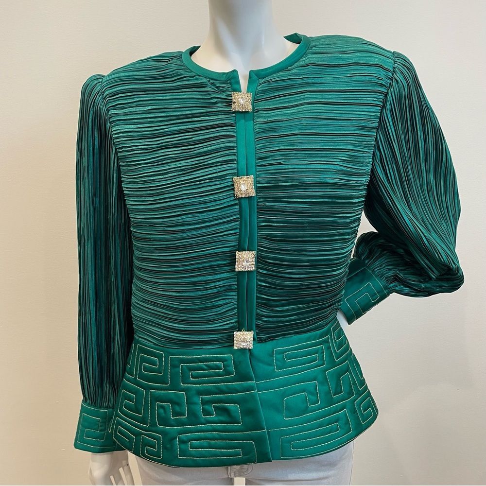 VINTAGE George F. Couture New York I Magnin Green Pleated Pave Button Jacket